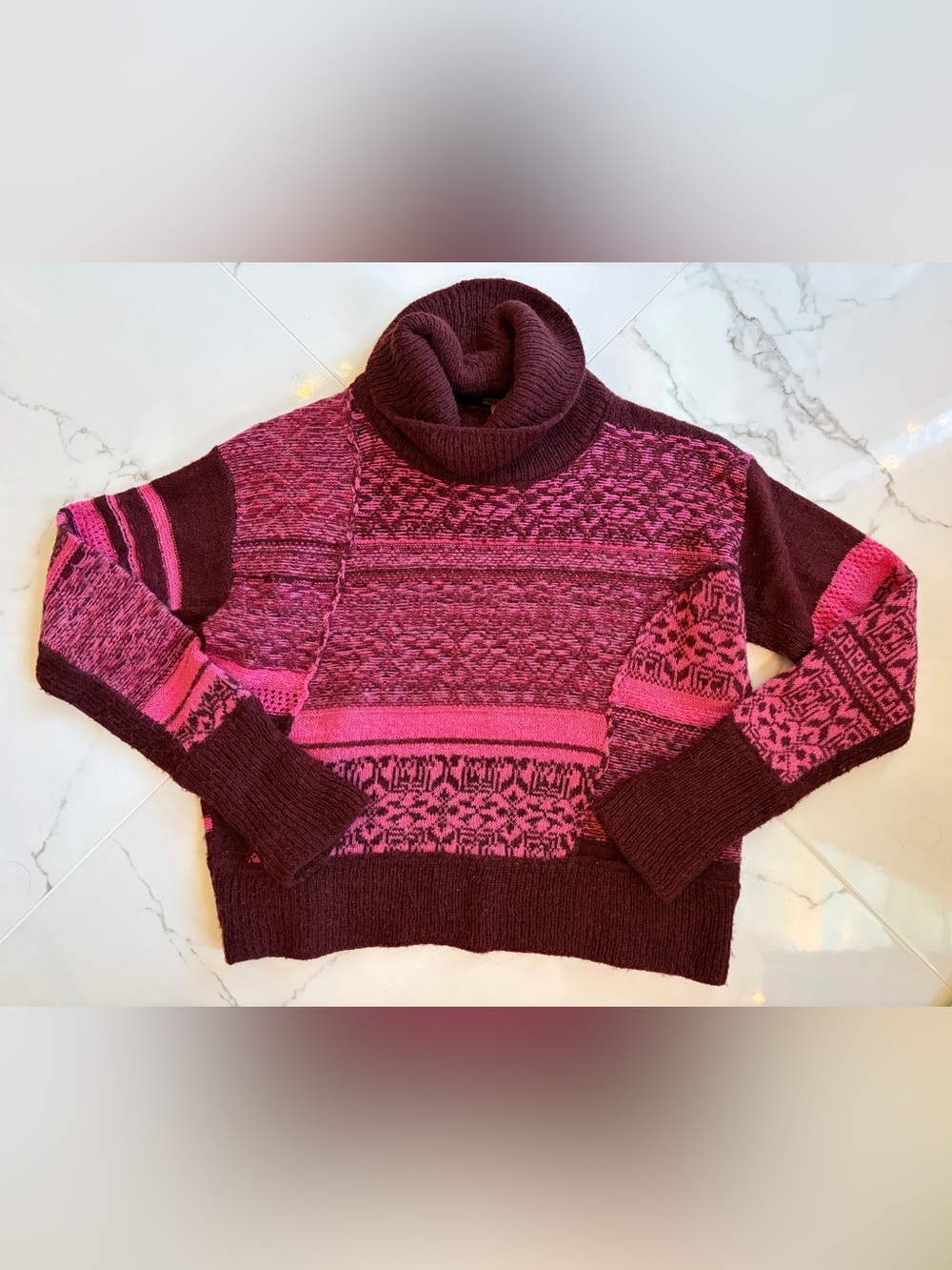Free People Burgundy and Pink Patterned Cowl Neck Sweater